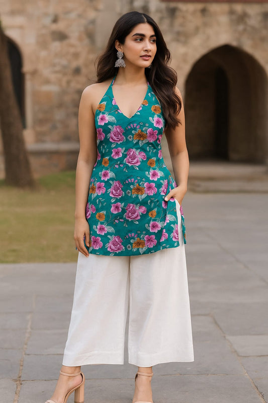 Adha – Halter Neck short Kurti for Women | Buy Stylish short Kurti Online at Peethpankh - Peethpankh