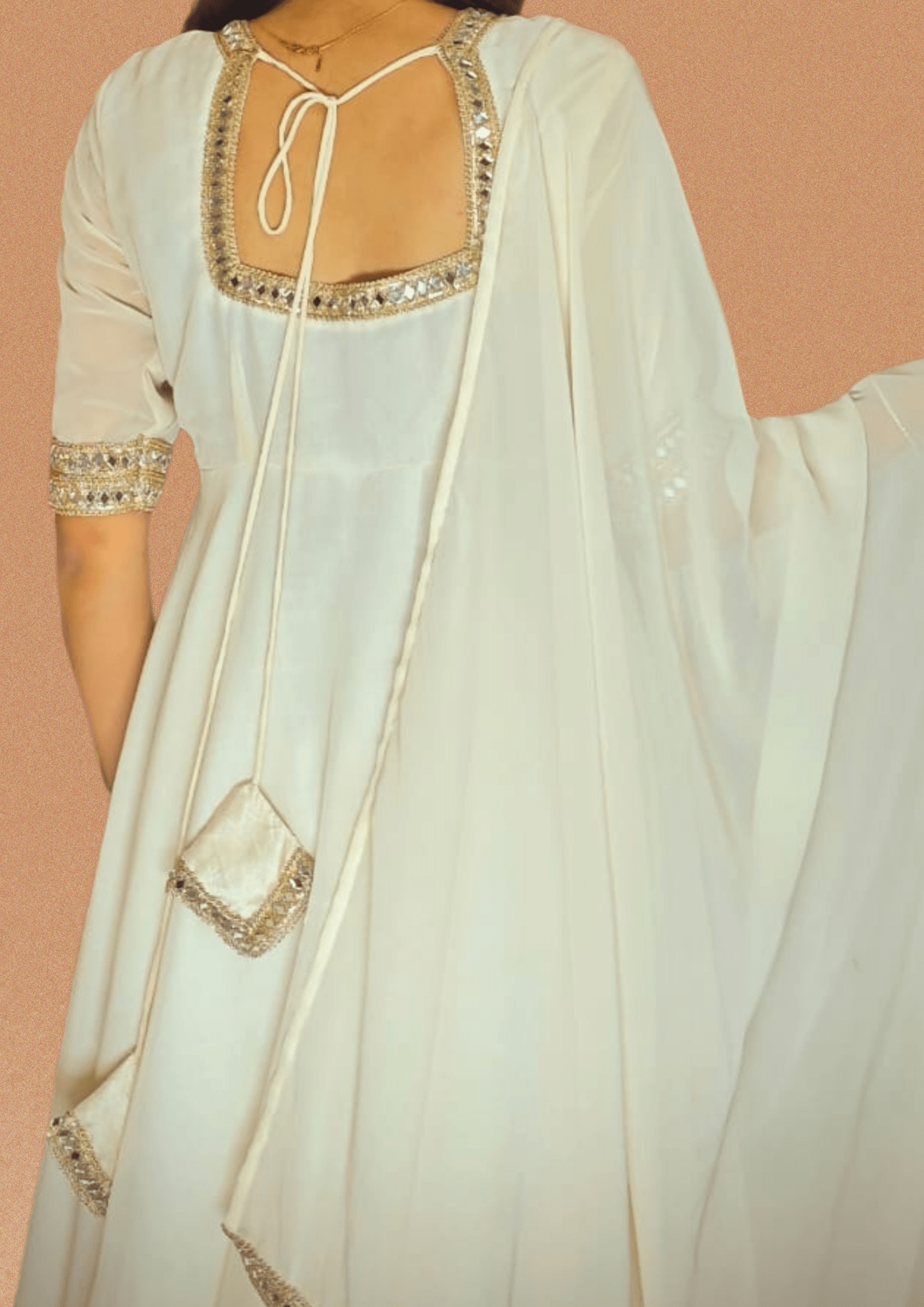 Peethpankh Off - White Anarkali Set with Pant & Mirror Work Dupatta – Diwali Outfit for Women - Anarkali suit set | Buy Online at Peethpankh