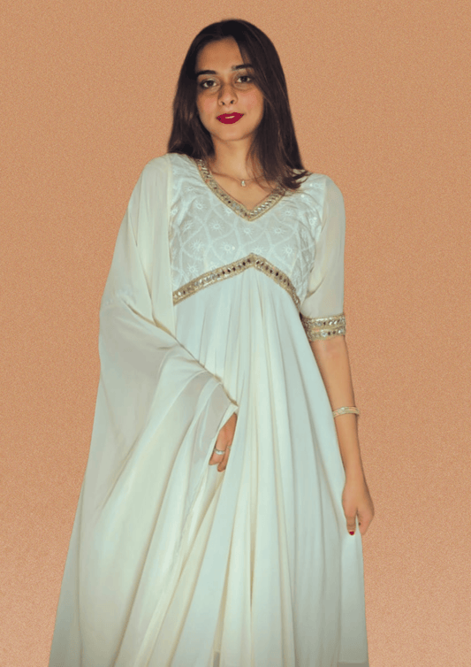 Peethpankh Off - White Anarkali Set with Pant & Mirror Work Dupatta – Diwali Outfit for Women - Anarkali suit set | Buy Online at Peethpankh