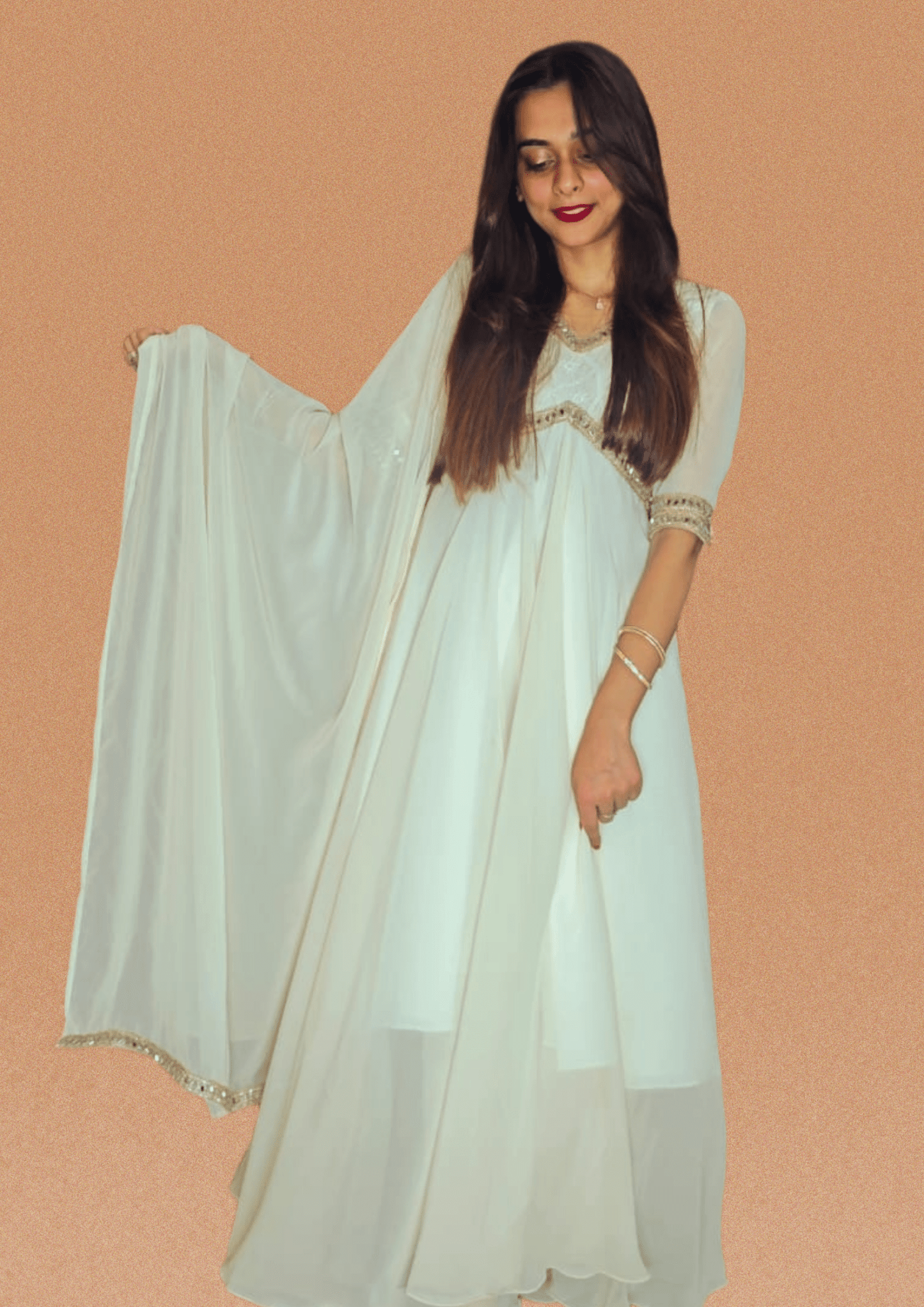 Peethpankh Off - White Anarkali Set with Pant & Mirror Work Dupatta – Diwali Outfit for Women - Anarkali suit set | Buy Online at Peethpankh