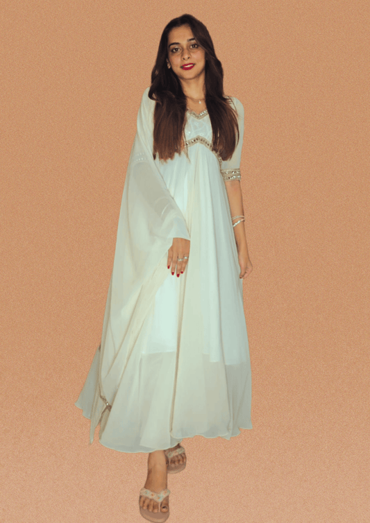 Peethpankh Off - White Anarkali Set with Pant & Mirror Work Dupatta – Diwali Outfit for Women - Anarkali suit set | Buy Online at Peethpankh