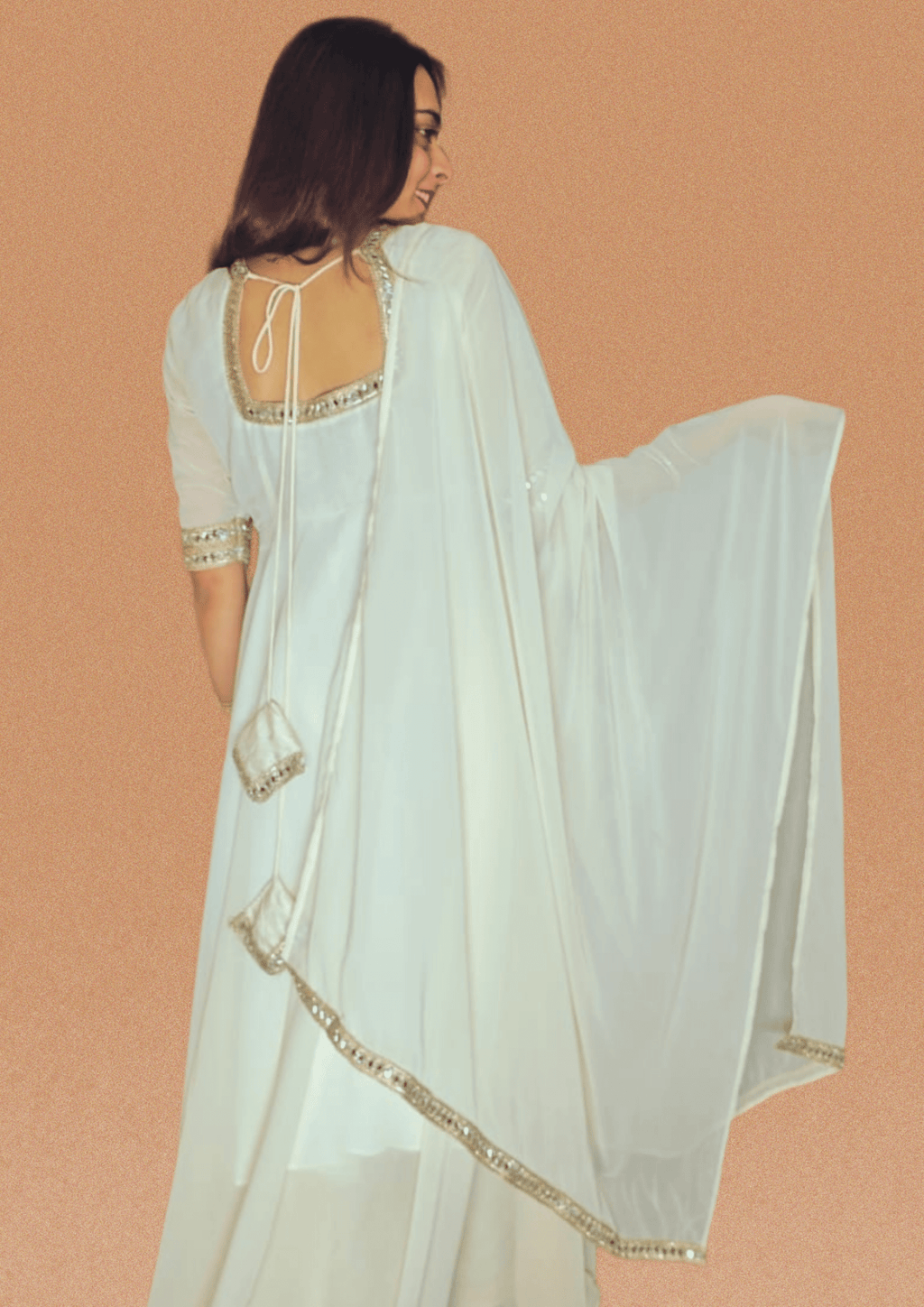 Peethpankh Off - White Anarkali Set with Pant & Mirror Work Dupatta – Diwali Outfit for Women - Anarkali suit set | Buy Online at Peethpankh